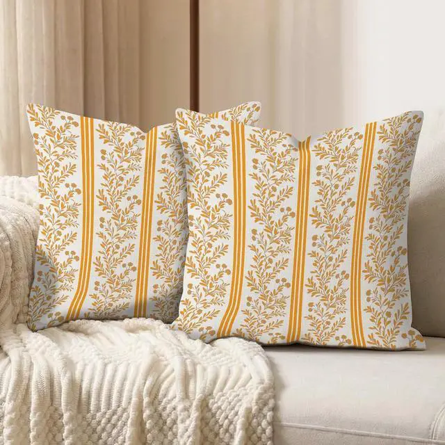 Alt view image 2 of 7 - Set of 2 Vintage Flower Throw Pillow Covers 18x18 Inch Orange Striped Floral Decor Pillowcase Linen Decoration Cushion Covers for Farmhouse Home Sofa Couch Bed Chair Living Room