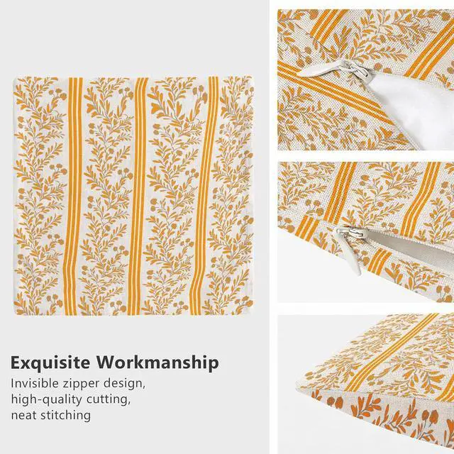 Alt view image 5 of 7 - Set of 2 Vintage Flower Throw Pillow Covers 18x18 Inch Orange Striped Floral Decor Pillowcase Linen Decoration Cushion Covers for Farmhouse Home Sofa Couch Bed Chair Living Room
