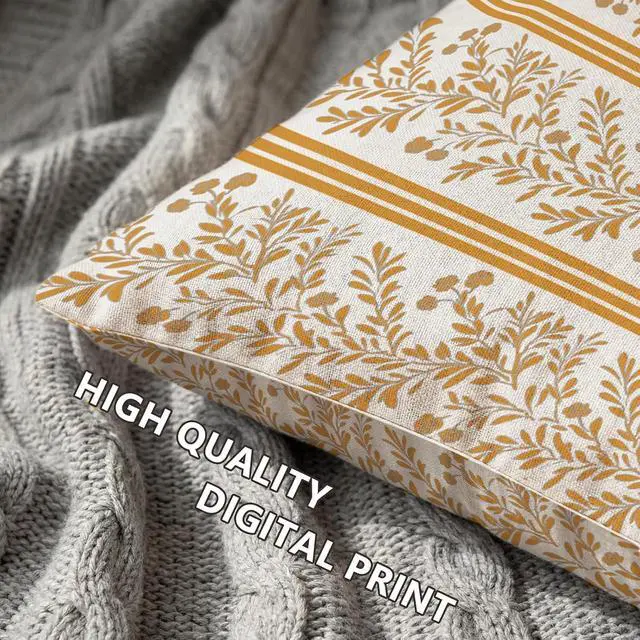Alt view image 4 of 7 - Set of 2 Vintage Flower Throw Pillow Covers 18x18 Inch Orange Striped Floral Decor Pillowcase Linen Decoration Cushion Covers for Farmhouse Home Sofa Couch Bed Chair Living Room