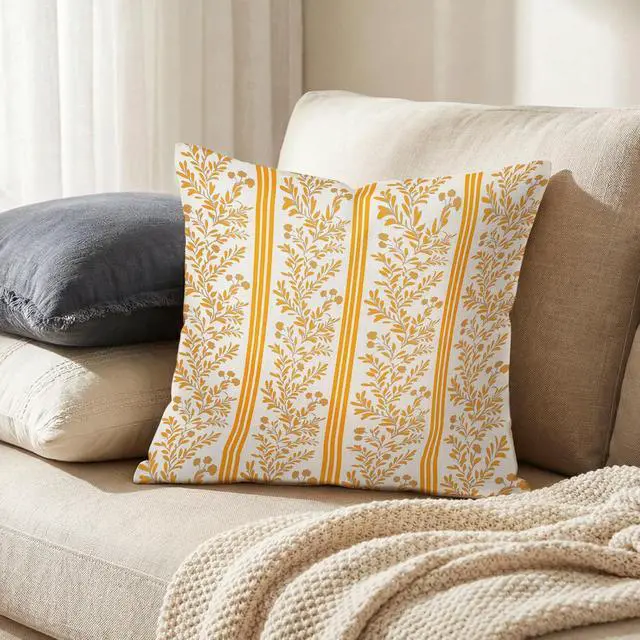 Alt view image 6 of 7 - Set of 2 Vintage Flower Throw Pillow Covers 18x18 Inch Orange Striped Floral Decor Pillowcase Linen Decoration Cushion Covers for Farmhouse Home Sofa Couch Bed Chair Living Room