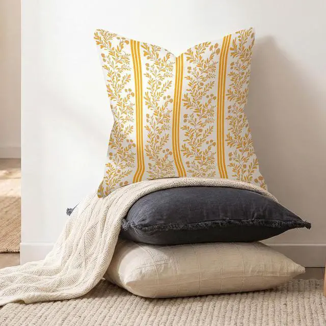 Alt view image 7 of 7 - Set of 2 Vintage Flower Throw Pillow Covers 18x18 Inch Orange Striped Floral Decor Pillowcase Linen Decoration Cushion Covers for Farmhouse Home Sofa Couch Bed Chair Living Room