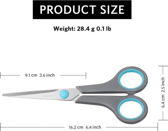 Alt view image 5 of 7 - Asdirne 6.4" Scissors, Stainless Steel Blades, Soft Grip Handle, Suitable for Households,Offices and Schools, All Purpose, Blue/Grey