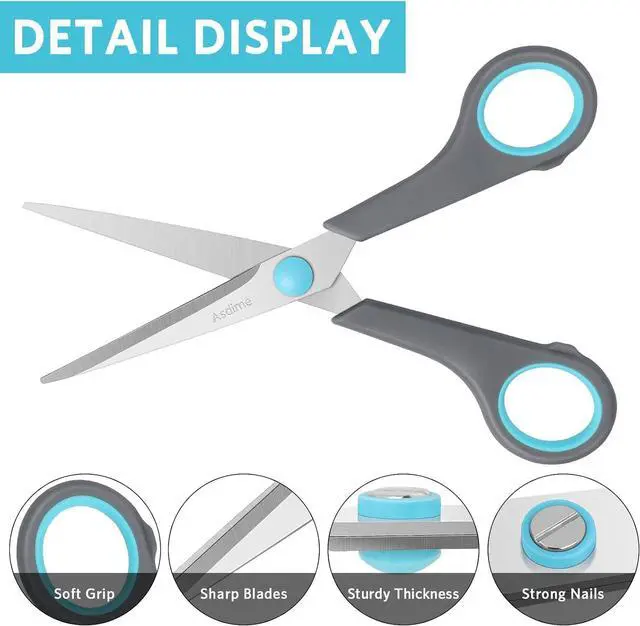 Alt view image 4 of 7 - Asdirne 6.4" Scissors, Stainless Steel Blades, Soft Grip Handle, Suitable for Households,Offices and Schools, All Purpose, Blue/Grey