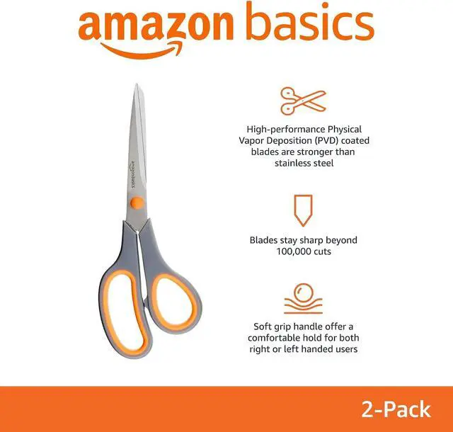 Alt view image 2 of 7 - Amazon Basics Multipurpose Stainless Steel Scissors for Office, Crafts, Paper Cutting, Fabric Cutting, Right/Left Handed, Comfort Grip, PVD Coated, 2-Pack, Green and Grey