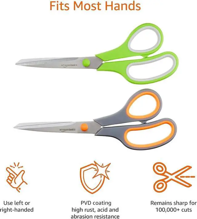 Alt view image 4 of 7 - Amazon Basics Multipurpose Stainless Steel Scissors for Office, Crafts, Paper Cutting, Fabric Cutting, Right/Left Handed, Comfort Grip, PVD Coated, 2-Pack, Green and Grey
