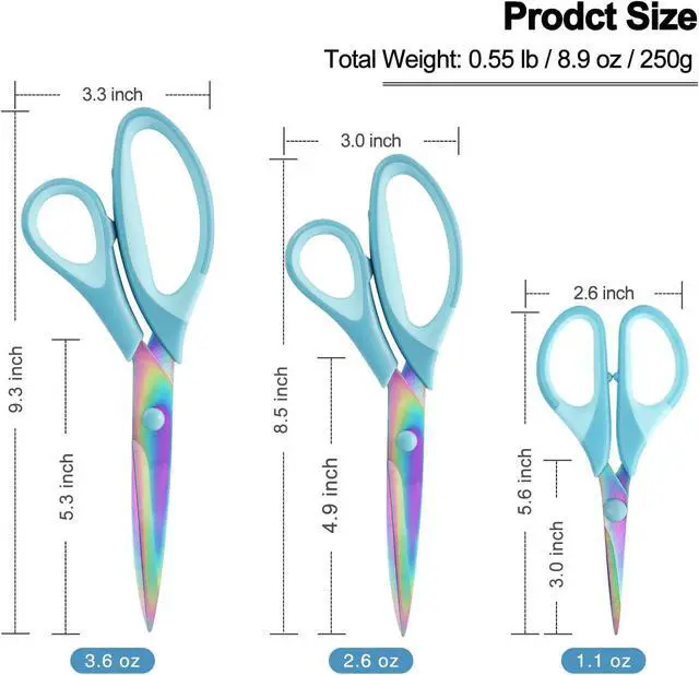Alt view image 5 of 7 - Craft Scissors, All Purpose Sharp Titanium Blade Shears, Comfortable Grips, School Scissors Set of 3 pack, Ideal for Office, Home, Sewing, Fabric, Kitchen, Arts and DIY Supplies, 9.3"/8.5"/5.6", Blue