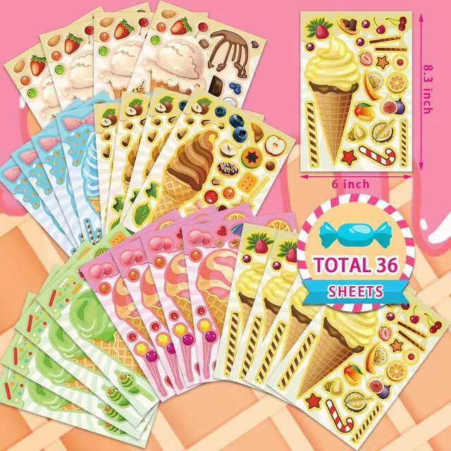 Alt view image 2 of 7 - Ice Cream Party Kids Sticker Sheets - 36 Mix and Match Decals, DIY Crafts Face Stickers for Toddlers, Donut Themed Party Decorations