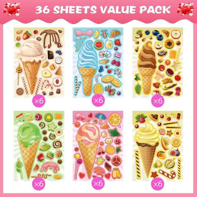 Alt view image 3 of 7 - Ice Cream Party Kids Sticker Sheets - 36 Mix and Match Decals, DIY Crafts Face Stickers for Toddlers, Donut Themed Party Decorations