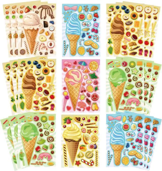 Main image of Ice Cream Party Kids Sticker Sheets - 36 Mix and Match Decals, DIY Crafts Face Stickers for Toddlers, Donut Themed Party Decorations