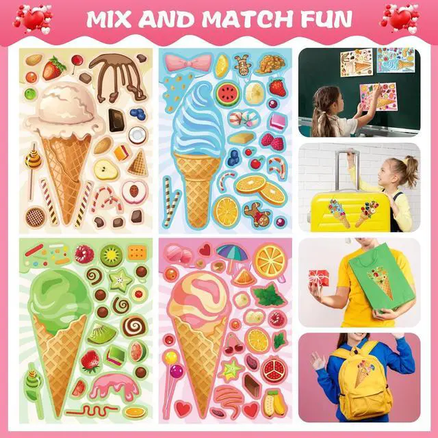 Alt view image 4 of 7 - Ice Cream Party Kids Sticker Sheets - 36 Mix and Match Decals, DIY Crafts Face Stickers for Toddlers, Donut Themed Party Decorations