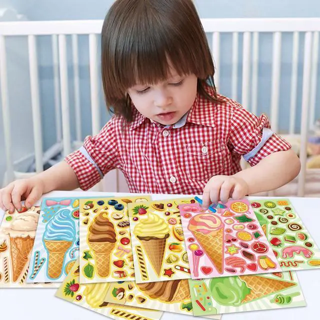Alt view image 5 of 7 - Ice Cream Party Kids Sticker Sheets - 36 Mix and Match Decals, DIY Crafts Face Stickers for Toddlers, Donut Themed Party Decorations