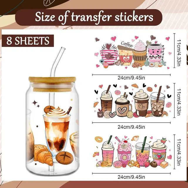 Alt view image 4 of 6 - Rngmsi 8 Sheets Coffee Cake UV DTF Cup Wrap for 16 oz Cold UV DTF Stickers