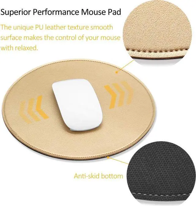 Alt view image 4 of 7 - ProElife Round Mouse Pad, PU Leather Gold Desk Mat, Non-Slip Base, 8.66"
