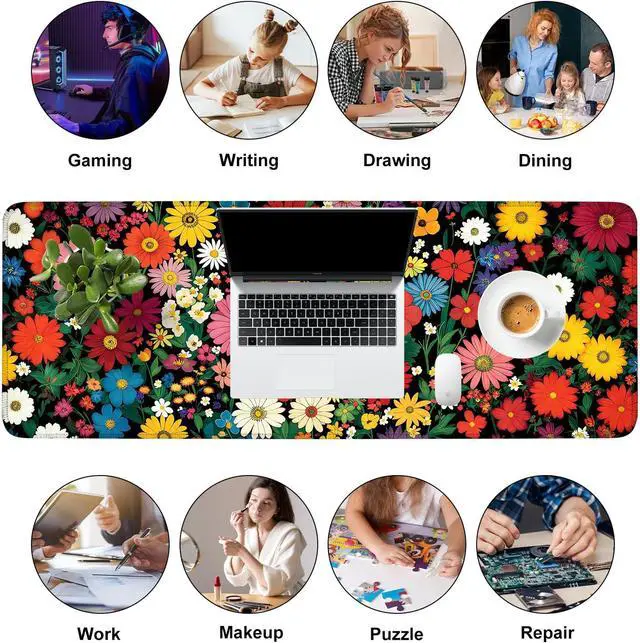 Alt view image 7 of 7 - Mouse Pad, Large Anti-Slip with Stitched Edges Desk Mat Desktop Laptop Computer Desk Keyboard Mat,Table Protector Blotter Mat (Flower, 31.5" x 11.8")