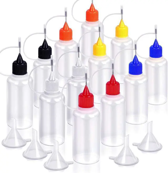 Main image of 12pcs Precision Tip Applicator Bottles with 5 Mini Funnels, YGDZ 30ml Needle Tip Squeeze Glue Bottles for Paint Quilling Craft, 6 Colors