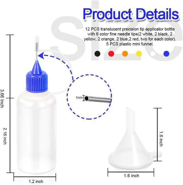 Alt view image 2 of 7 - 12pcs Precision Tip Applicator Bottles with 5 Mini Funnels, YGDZ 30ml Needle Tip Squeeze Glue Bottles for Paint Quilling Craft, 6 Colors