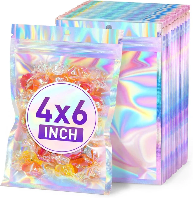 Main image of 50 Pack Holographic Mylar Bags, 4'' x 6 Packaging Bags for Small Business, Resealable Smell Proof Bag, Holographic Rainbow Color Resealable Bag Zip Baggie for Food Storage & Jewelry Packaging