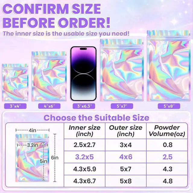Alt view image 2 of 6 - 50 Pack Holographic Mylar Bags, 4'' x 6 Packaging Bags for Small Business, Resealable Smell Proof Bag, Holographic Rainbow Color Resealable Bag Zip Baggie for Food Storage & Jewelry Packaging
