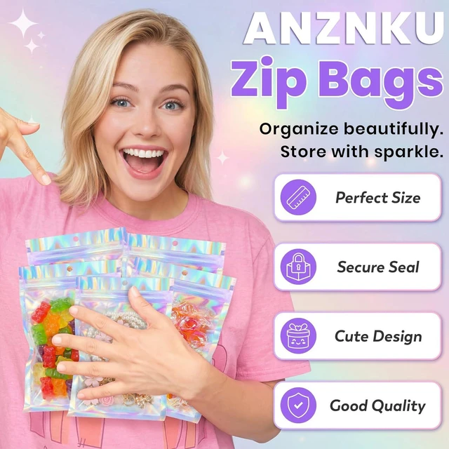 Alt view image 3 of 6 - 50 Pack Holographic Mylar Bags, 4'' x 6 Packaging Bags for Small Business, Resealable Smell Proof Bag, Holographic Rainbow Color Resealable Bag Zip Baggie for Food Storage & Jewelry Packaging