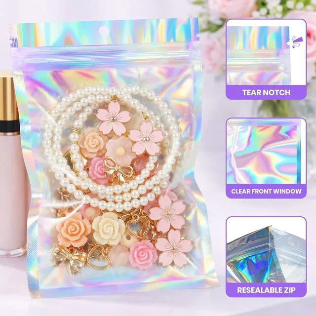 Alt view image 5 of 6 - 50 Pack Holographic Mylar Bags, 4'' x 6 Packaging Bags for Small Business, Resealable Smell Proof Bag, Holographic Rainbow Color Resealable Bag Zip Baggie for Food Storage & Jewelry Packaging