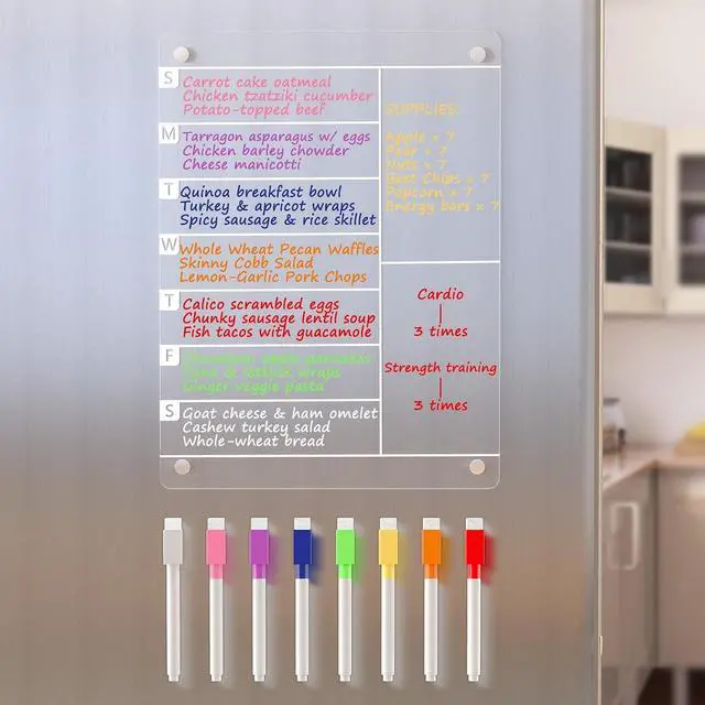 Main image of Neatsure Acrylic Magnetic Meal Planner Menu Board for Kitchen Fridge w/ 8 Markers, Clear Refrigerator Weekly Dry Erase Calendar Planning Noteboard to Do/Grocery/Shopping List/Chore Chart/, 12"x9"