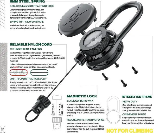 Alt view image 2 of 7 - Handy Picks Heavy Duty Retractable Keychain, Zinc Alloy Frame Clip with Magnetic Closure for Golf n Fishing Items, Badge Holder, 29.5 Cord, 9 OZ Pulling Force, Round Clasp Included