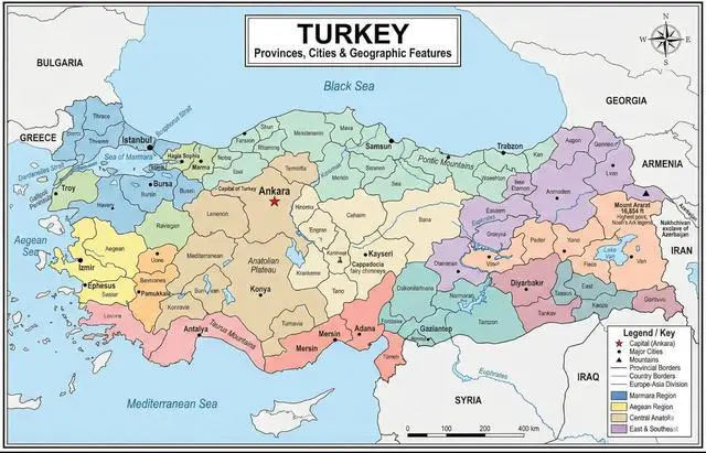 Main image of Turkey Map Poster 11x17 | Laminated Double-Sided Geography Chart with Color Map Front & Blank Outline Back | Reusable Classroom & Homeschool Learning Tool