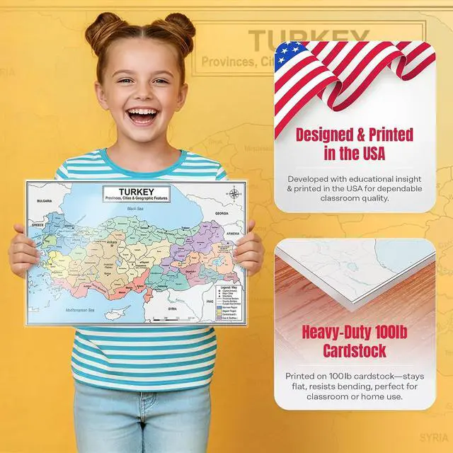 Alt view image 4 of 7 - Turkey Map Poster 11x17 | Laminated Double-Sided Geography Chart with Color Map Front & Blank Outline Back | Reusable Classroom & Homeschool Learning Tool