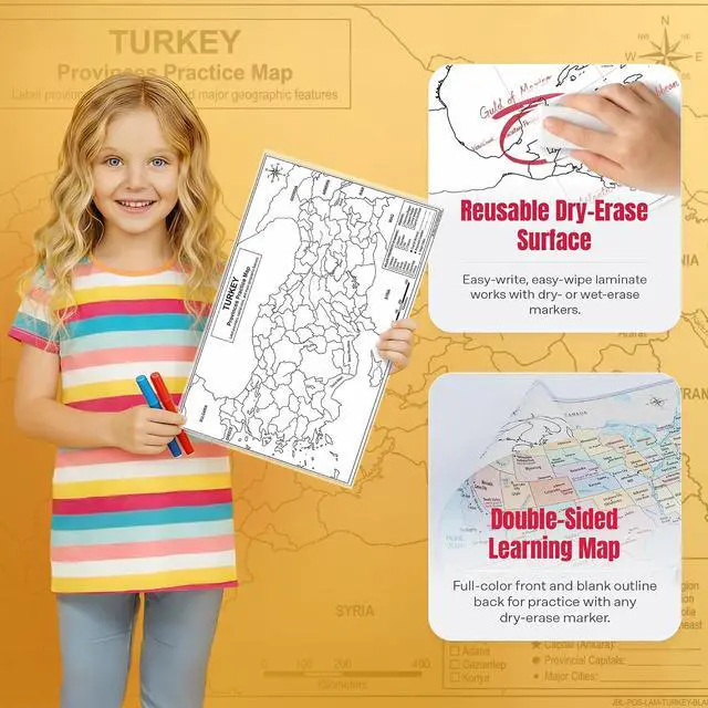 Alt view image 6 of 7 - Turkey Map Poster 11x17 | Laminated Double-Sided Geography Chart with Color Map Front & Blank Outline Back | Reusable Classroom & Homeschool Learning Tool
