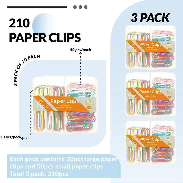 Alt view image 3 of 6 - NEEWAY Colorful Paper Clips Assorted Sizes, Small and Large Paperclips, 210 Count, 3 Pack of 70 (Multicolor)