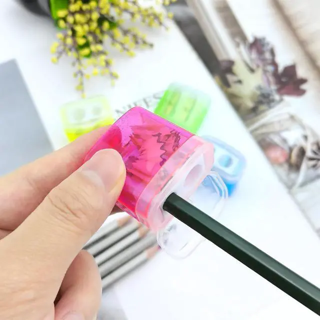 Alt view image 2 of 6 - 4 PCS Handheld Pencil Sharpeners with Lid, Multicolor Dual Hole Manual Little Sharpener for Crayons Graphite Pastel Colouring Lip Liners Eye Brow Pencils