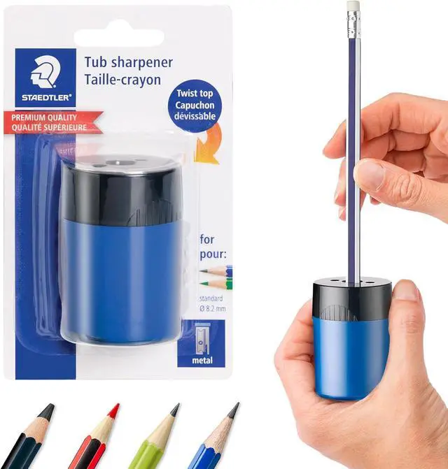 Main image of STAEDTLER Pencil Sharpener (1 Pack) with Screw Lid and Tub - No Spill Compact Design for Standard and Colored Pencils, Metal Blade, Assorted Colors