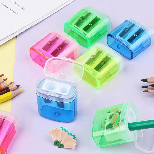 Alt view image 6 of 7 - 24 Pieces Pencil Sharpeners Manual Dual Holes Pencil Sharpener with Lid Portable Colorful Crayon Sharpener for Kids & Adults, School, Office, Home, Travel