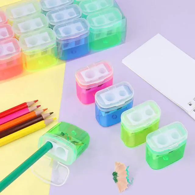 Alt view image 7 of 7 - 24 Pieces Pencil Sharpeners Manual Dual Holes Pencil Sharpener with Lid Portable Colorful Crayon Sharpener for Kids & Adults, School, Office, Home, Travel