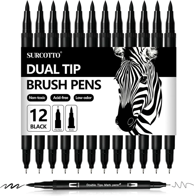 Main image of Surcotto Black Markers for Drawing,12 Pack Drawing Pens, Brush Pens with Felt Tips for Artists, Dual Tip Brush Fineliners Pens, Calligraphy Pens, for Art Drawing Sketching Journaling, Black