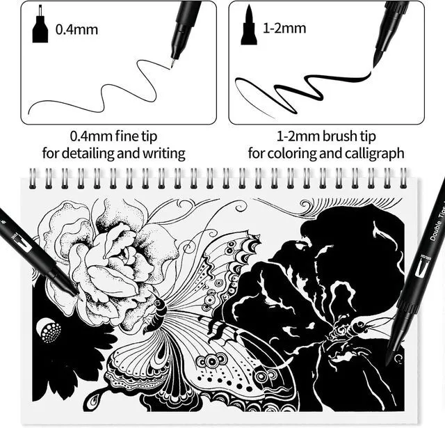 Alt view image 2 of 7 - Surcotto Black Markers for Drawing,12 Pack Drawing Pens, Brush Pens with Felt Tips for Artists, Dual Tip Brush Fineliners Pens, Calligraphy Pens, for Art Drawing Sketching Journaling, Black