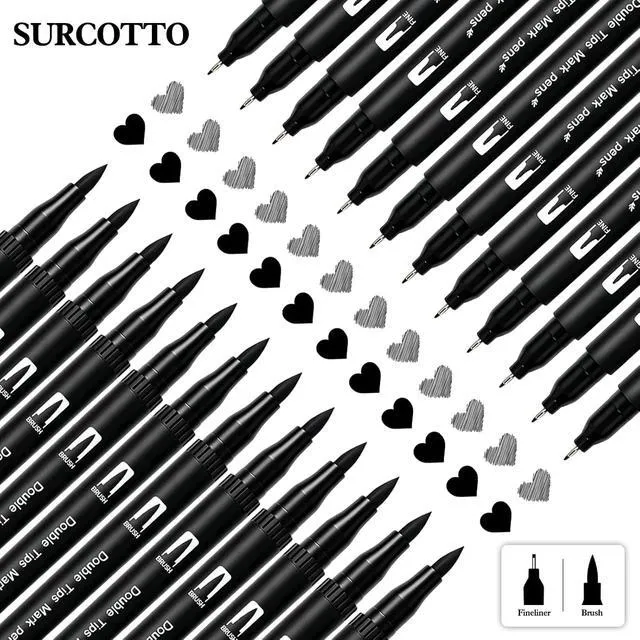 Alt view image 3 of 7 - Surcotto Black Markers for Drawing,12 Pack Drawing Pens, Brush Pens with Felt Tips for Artists, Dual Tip Brush Fineliners Pens, Calligraphy Pens, for Art Drawing Sketching Journaling, Black