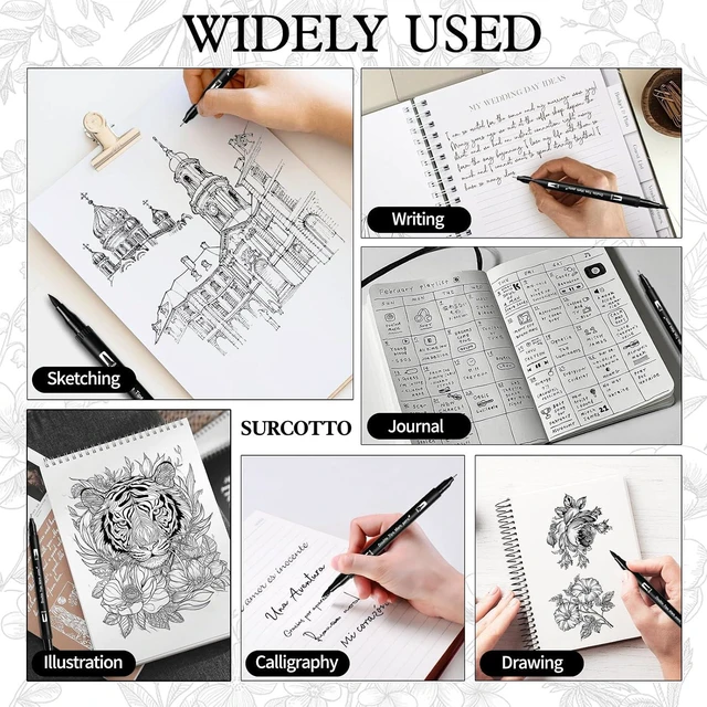 Alt view image 6 of 7 - Surcotto Black Markers for Drawing,12 Pack Drawing Pens, Brush Pens with Felt Tips for Artists, Dual Tip Brush Fineliners Pens, Calligraphy Pens, for Art Drawing Sketching Journaling, Black