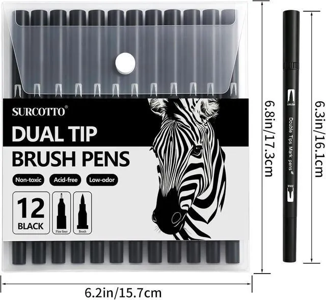 Alt view image 7 of 7 - Surcotto Black Markers for Drawing,12 Pack Drawing Pens, Brush Pens with Felt Tips for Artists, Dual Tip Brush Fineliners Pens, Calligraphy Pens, for Art Drawing Sketching Journaling, Black