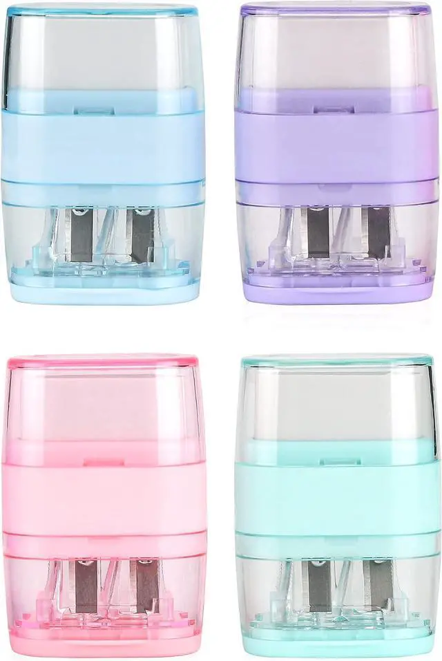 Main image of 4 Pack Double Holes Pencil Sharpener with EraserManual Pencil Sharpeners with Lid & Eraser for Kids School Office Home