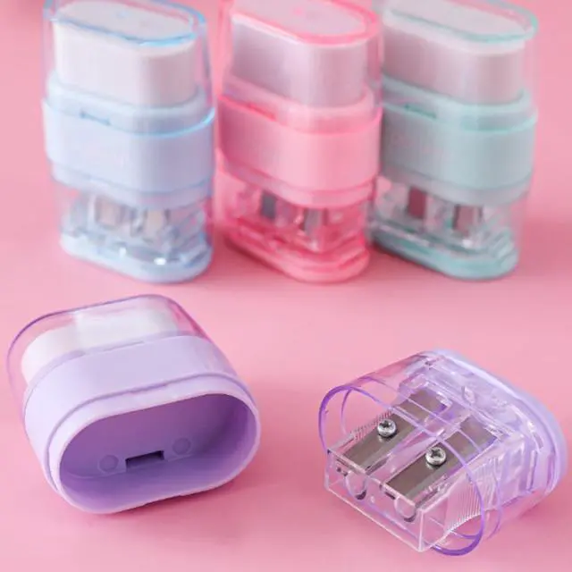 Alt view image 2 of 7 - 4 Pack Double Holes Pencil Sharpener with EraserManual Pencil Sharpeners with Lid & Eraser for Kids School Office Home
