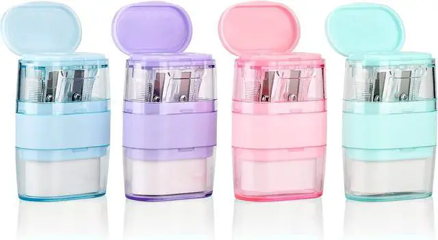 Alt view image 4 of 7 - 4 Pack Double Holes Pencil Sharpener with EraserManual Pencil Sharpeners with Lid & Eraser for Kids School Office Home