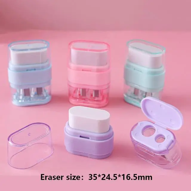 Alt view image 5 of 7 - 4 Pack Double Holes Pencil Sharpener with EraserManual Pencil Sharpeners with Lid & Eraser for Kids School Office Home