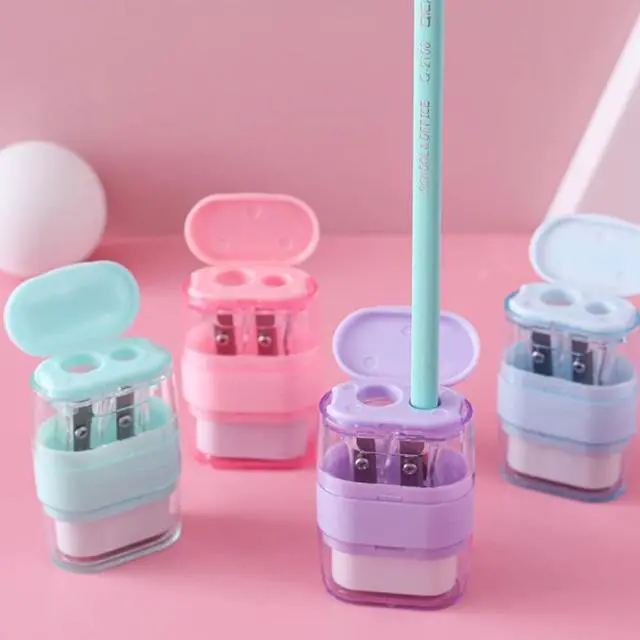 Alt view image 6 of 7 - 4 Pack Double Holes Pencil Sharpener with EraserManual Pencil Sharpeners with Lid & Eraser for Kids School Office Home