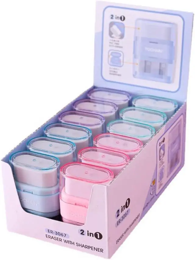 Alt view image 7 of 7 - 4 Pack Double Holes Pencil Sharpener with EraserManual Pencil Sharpeners with Lid & Eraser for Kids School Office Home