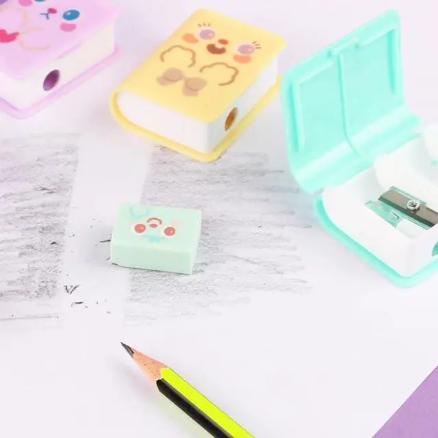 Alt view image 2 of 7 - Comimark 4 pcs Dual Purpose Book Pencil Sharpener Eraser, Cute Cartoon Student Eraser Pencil Sharpener