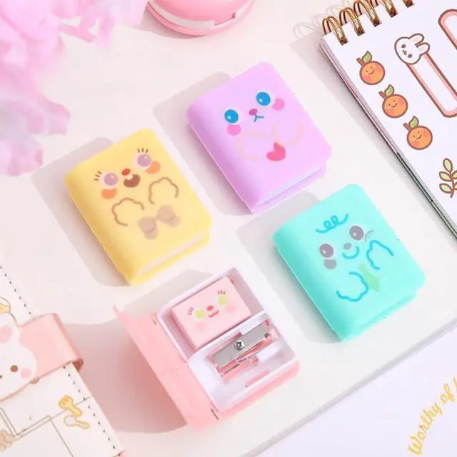 Alt view image 5 of 7 - Comimark 4 pcs Dual Purpose Book Pencil Sharpener Eraser, Cute Cartoon Student Eraser Pencil Sharpener