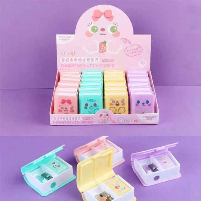 Alt view image 7 of 7 - Comimark 4 pcs Dual Purpose Book Pencil Sharpener Eraser, Cute Cartoon Student Eraser Pencil Sharpener