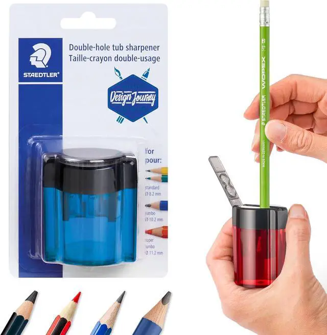 Main image of STAEDTLER Metal Double Hole Sharpener with Oval Tub - Manual Pencil Sharpener for Regular & Large Pencils, Makeup Pencils - 2 Sizes with Hinged Lid (Assorted Colors)