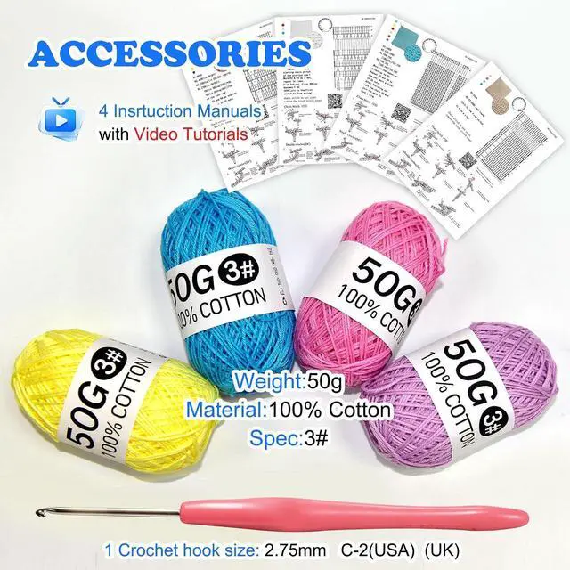 Alt view image 3 of 7 - zwzxd Beginner Crochet Kit: Cotton Thread, Hooks & DIY Dishcloth Tutorial BRT Rainbow Candy